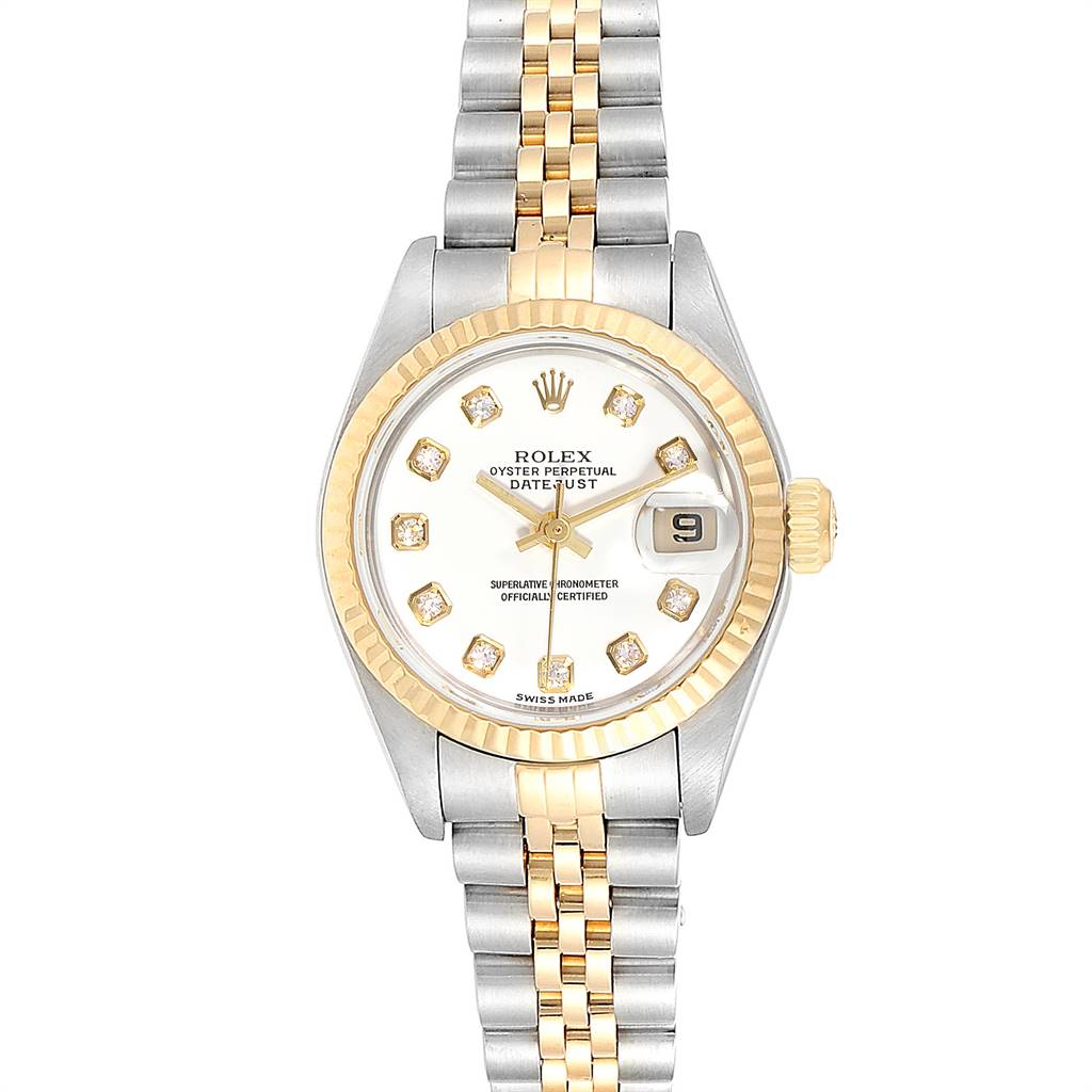 The Rolex Datejust 79173 Women's Stainless Steel White Dial 79173 Women's Stainless Steel White Dial watch is shown from a top-down angle, displaying the dial, bezel, and bracelet.