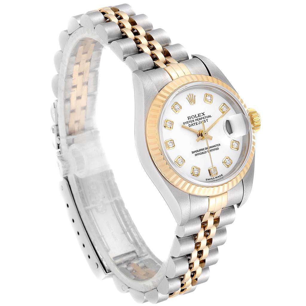 This image shows a Rolex Datejust 79173 Women's Stainless Steel White Dial 79173 Women's Stainless Steel White Dial watch at an angled side view, highlighting its two-tone bracelet, fluted bezel, and diamond hour markers.