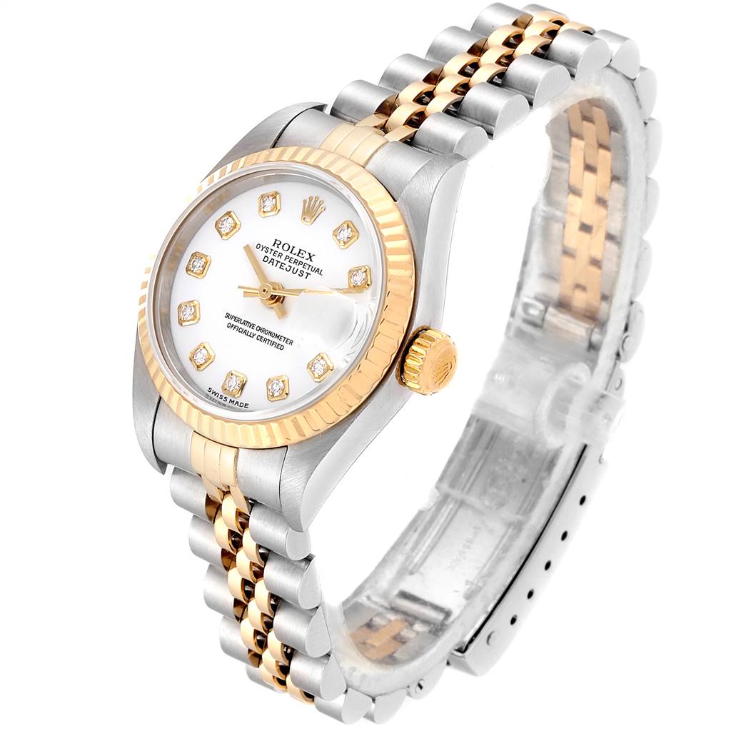 The image shows a Rolex Datejust 79173 Women's Stainless Steel White Dial 79173 Women's Stainless Steel White Dial watch angled from the front-side, highlighting the dial, bezel, and bracelet.