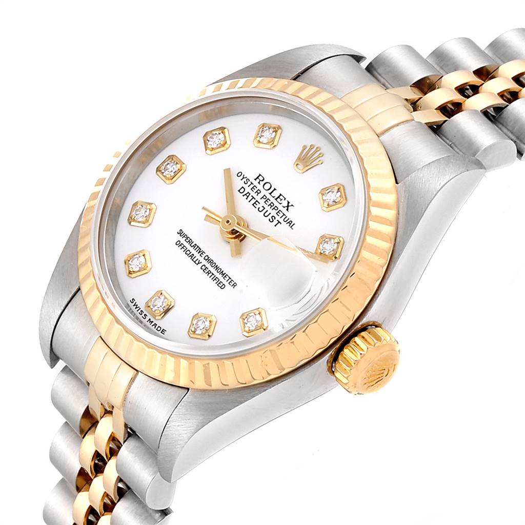 The image shows a Rolex Datejust 79173 Women's Stainless Steel White Dial 79173 Women's Stainless Steel White Dial watch at an angled view, highlighting its dial, bezel, crown, and part of the bracelet.
