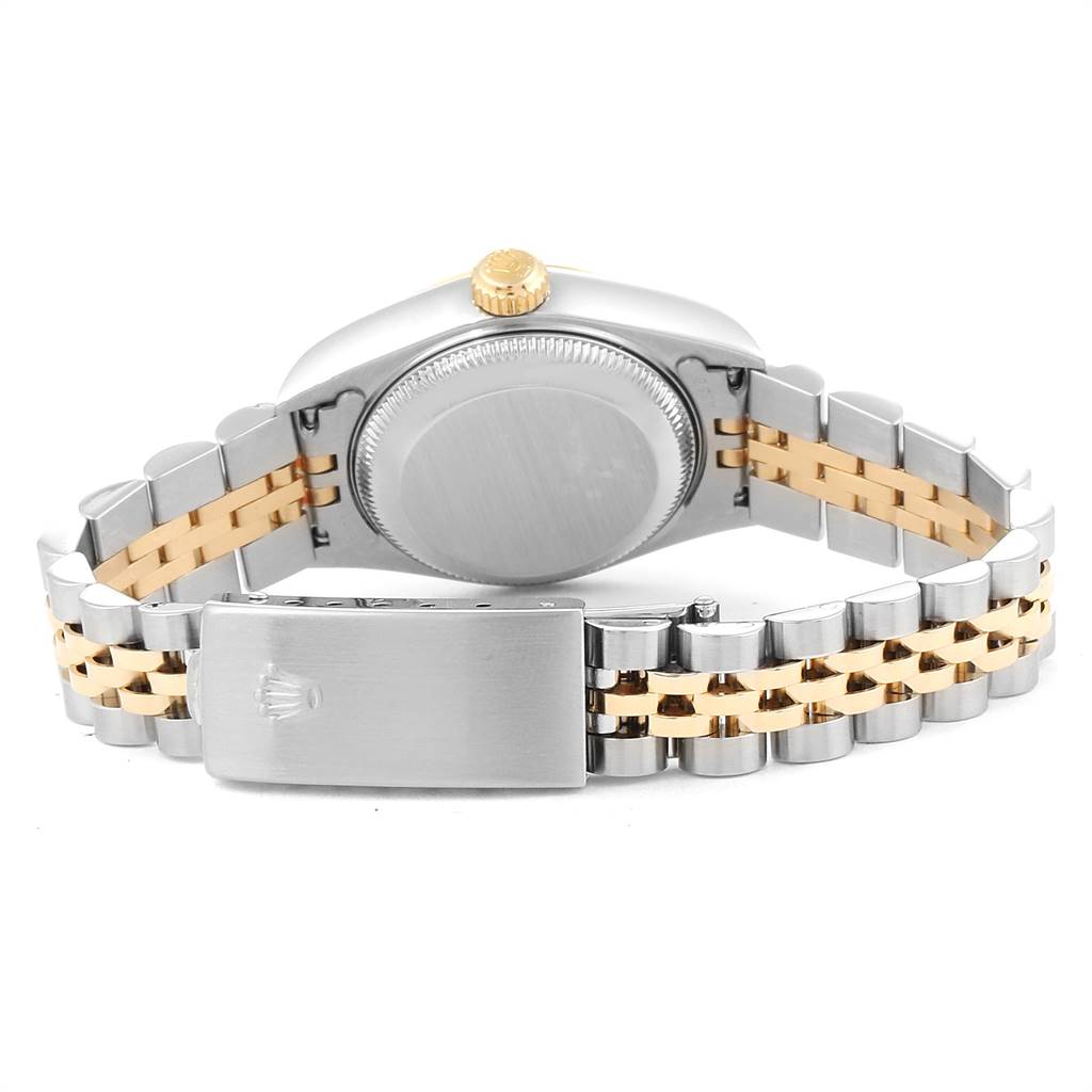 This image shows the back view of a Rolex Datejust 79173 Women's Stainless Steel White Dial 79173 Women's Stainless Steel White Dial watch, highlighting the case back and the two-tone bracelet with clasp.