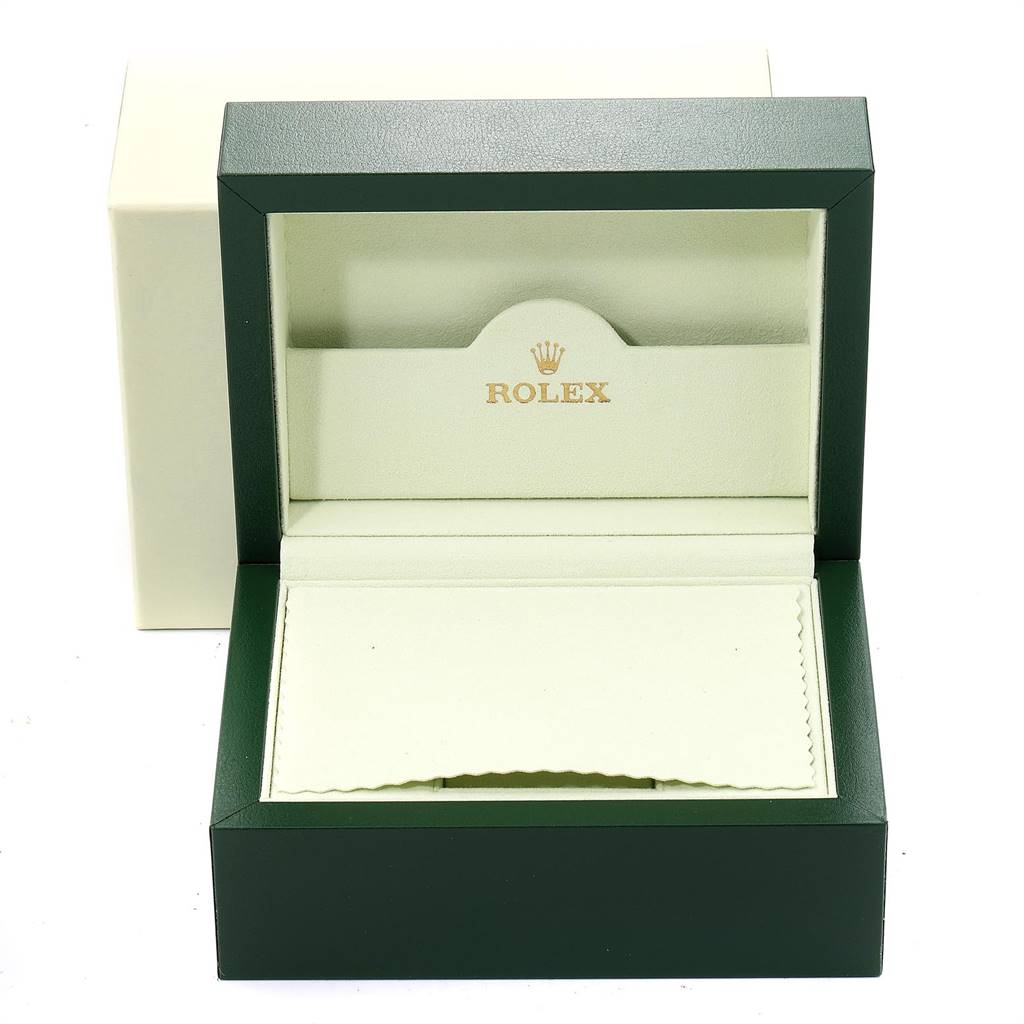 The image shows an open green Rolex Datejust 179174 Women's Stainless Steel Pink Dial 179174 Women's Stainless Steel Pink Dial watch box, displaying the interior with the Rolex logo.