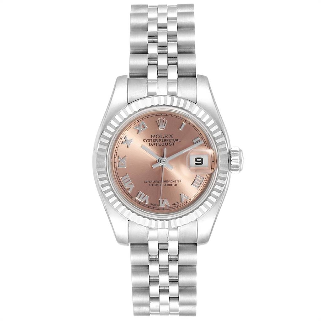 The Rolex Datejust 179174 Women's Stainless Steel Pink Dial 179174 Women's Stainless Steel Pink Dial watch is shown from a top-down angle highlighting the dial, bezel, crown, and bracelet.