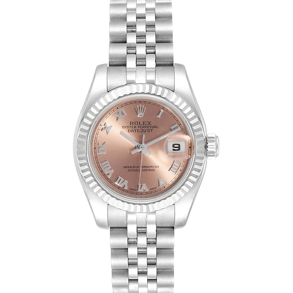 This image shows a frontal view of a Rolex Datejust 179174 Women's Stainless Steel Pink Dial 179174 Women's Stainless Steel Pink Dial watch, highlighting the dial, bracelet, and date window.