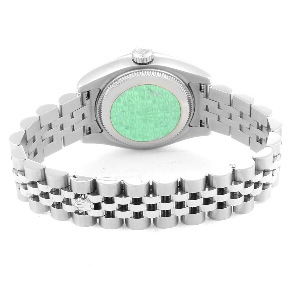 The image shows the back of a Rolex Datejust 179174 Women's Stainless Steel Pink Dial 179174 Women's Stainless Steel Pink Dial watch, highlighting its bracelet and case back.