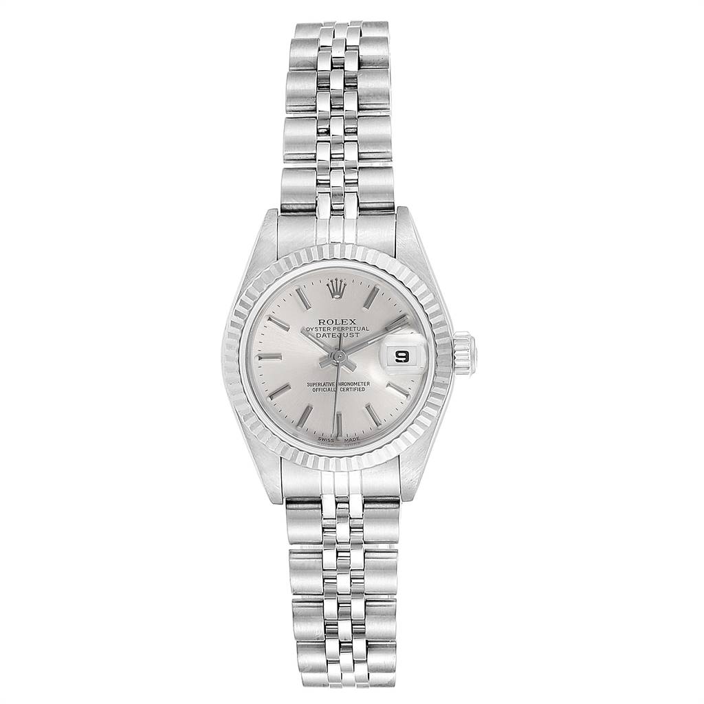 The image shows a front view of a Rolex Datejust 79174 Women's Stainless Steel Silver Dial 79174 Women's Stainless Steel Silver Dial watch, including its dial, bezel, and metal bracelet.