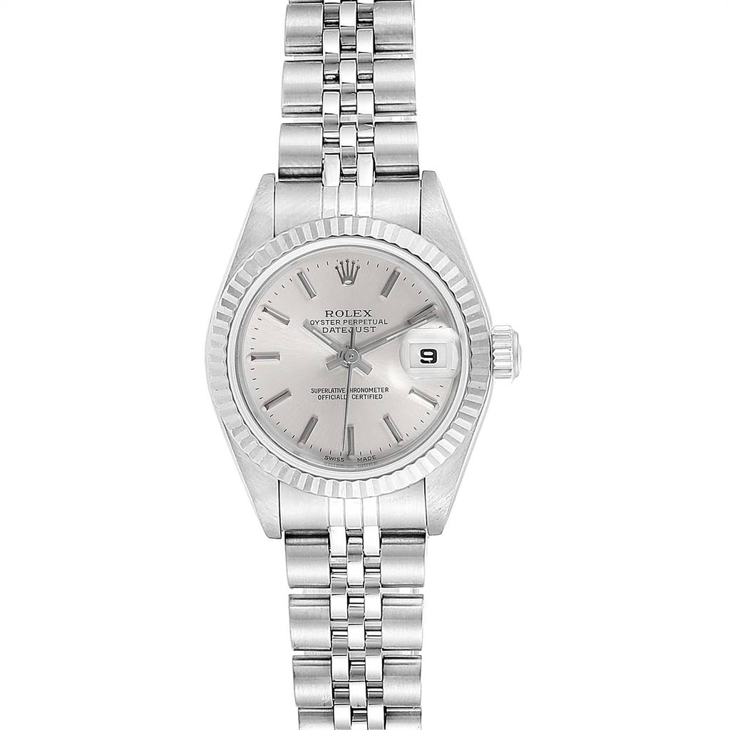 This image shows a front view of a Rolex Datejust 79174 Women's Stainless Steel Silver Dial 79174 Women's Stainless Steel Silver Dial watch, highlighting its silver dial, fluted bezel, and jubilee bracelet.