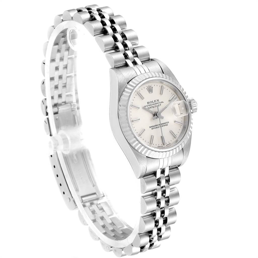 The Rolex Datejust 79174 Women's Stainless Steel Silver Dial 79174 Women's Stainless Steel Silver Dial watch is shown at a slight angle, highlighting its face, fluted bezel, and Jubilee bracelet.