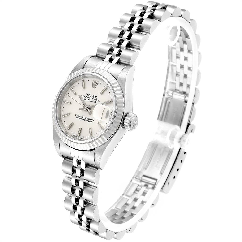 The image shows a Rolex Datejust 79174 Women's Stainless Steel Silver Dial 79174 Women's Stainless Steel Silver Dial watch with a silver bracelet band, viewed from an angled perspective.