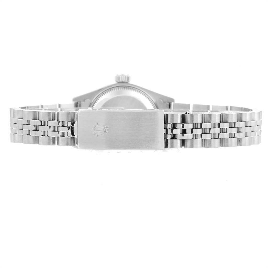 The image shows the back view of the Rolex Datejust 79174 Women's Stainless Steel Silver Dial 79174 Women's Stainless Steel Silver Dial watch, highlighting its Jubilee bracelet and clasp.