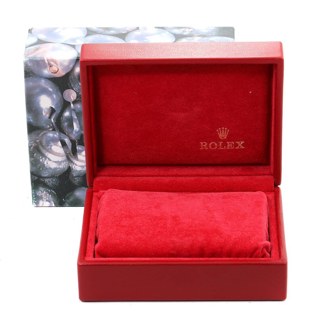 The image shows an open red watch box with a velvet interior and the Rolex logo, meant for the Rolex Datejust 79174 Women's Stainless Steel Grey Dial 79174 Women's Stainless Steel Grey Dial model.