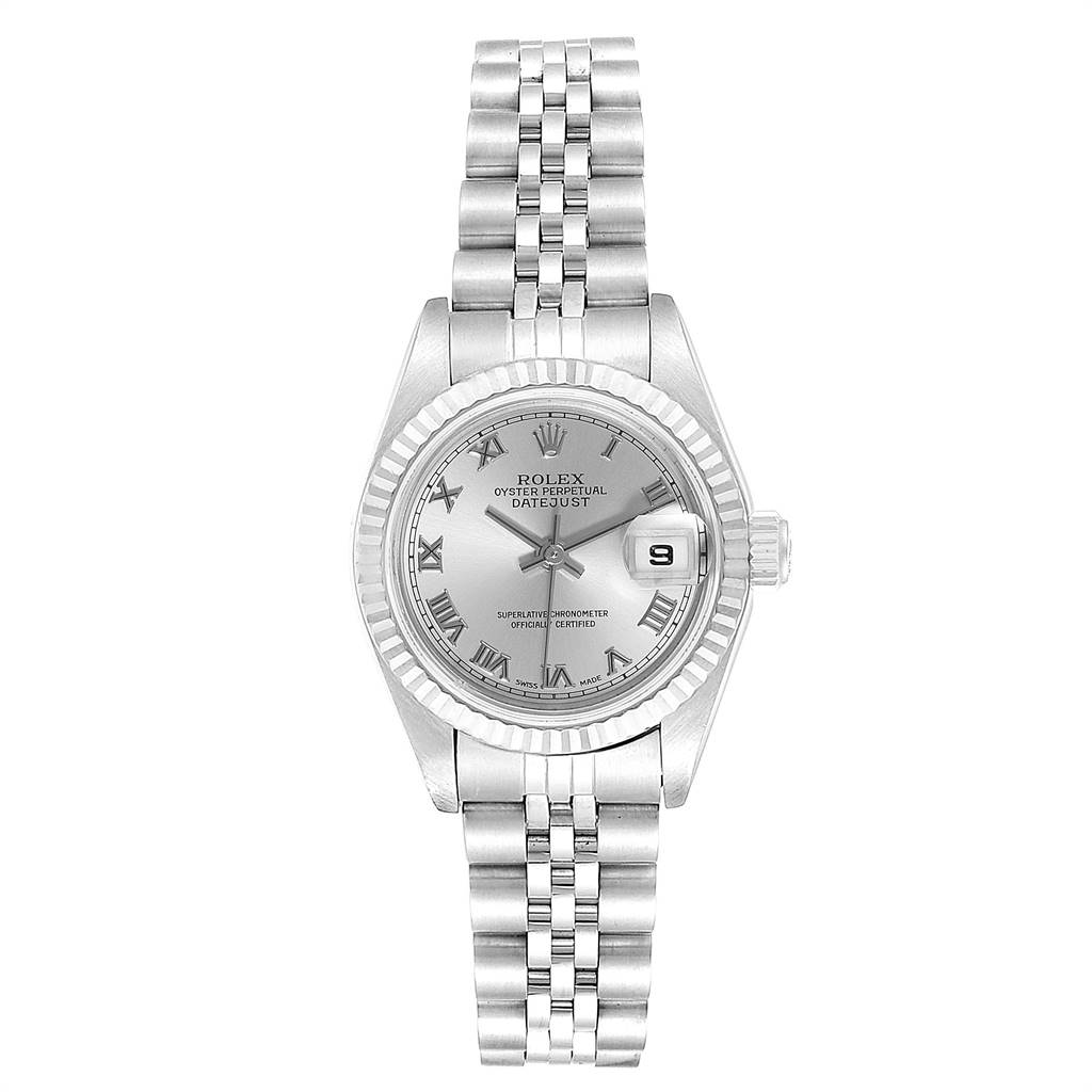 This image shows a front view of the Rolex Datejust 79174 Women's Stainless Steel Grey Dial 79174 Women's Stainless Steel Grey Dial model, displaying the watch face, bezel, and bracelet.