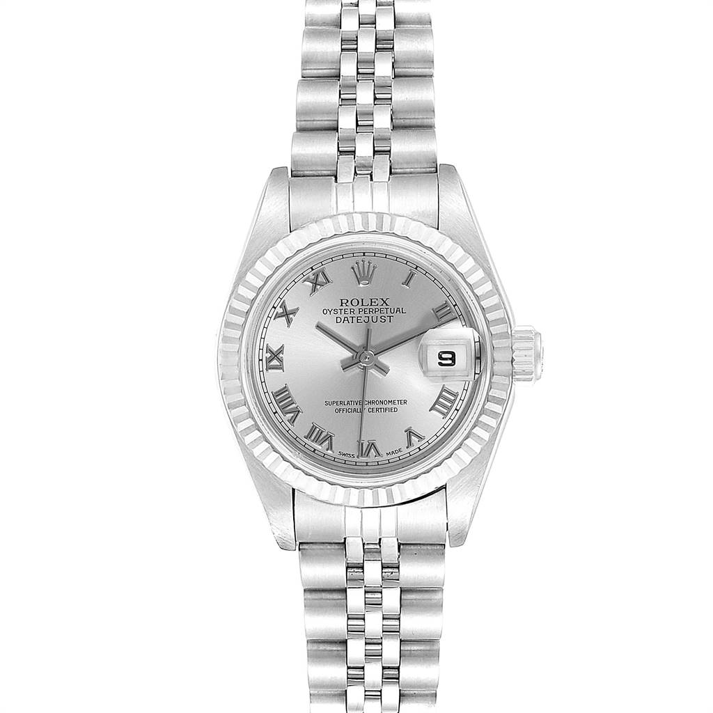 The image shows a front view of a Rolex Datejust 79174 Women's Stainless Steel Grey Dial 79174 Women's Stainless Steel Grey Dial watch, displaying the dial, bezel, crown, and bracelet.
