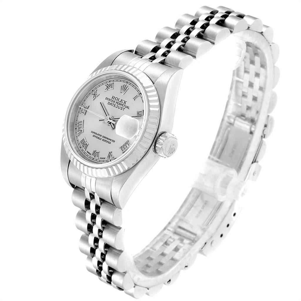 The image shows a Rolex Datejust 79174 Women's Stainless Steel Grey Dial 79174 Women's Stainless Steel Grey Dial watch at an angle displaying the dial, fluted bezel, crown, and jubilee bracelet.