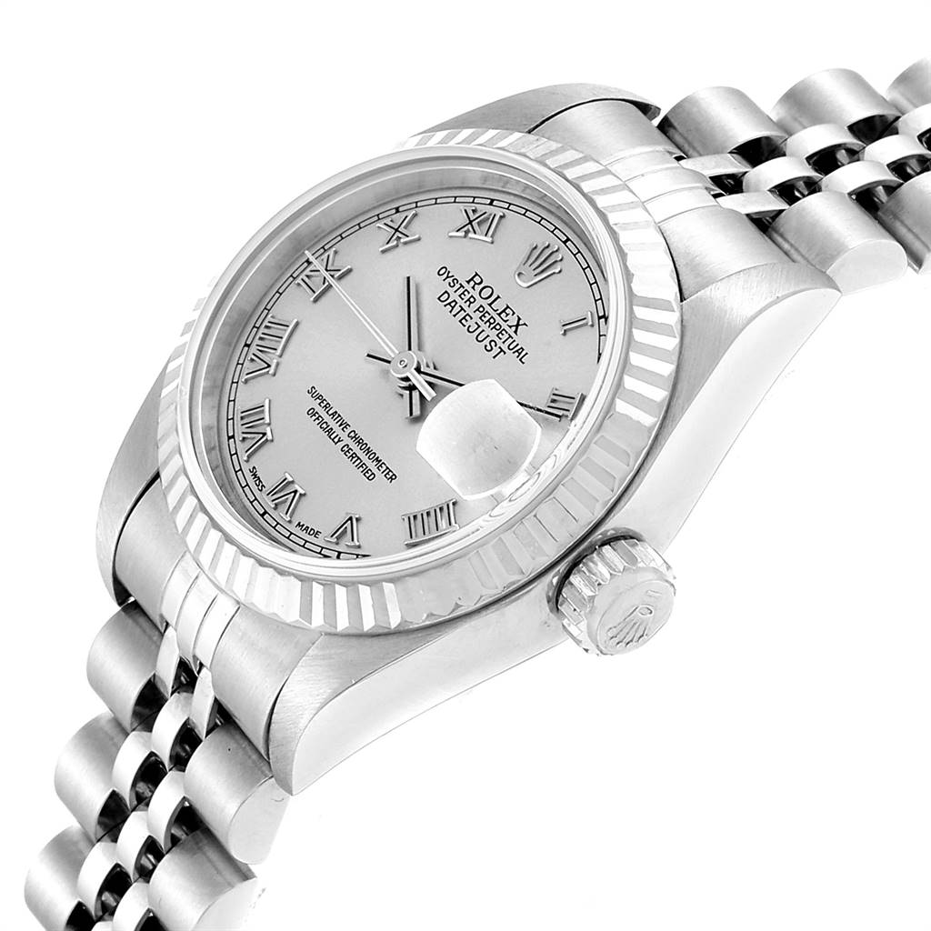 This image shows a close-up, angled view of the dial, bezel, and bracelet of a Rolex Datejust 79174 Women's Stainless Steel Grey Dial 79174 Women's Stainless Steel Grey Dial watch.