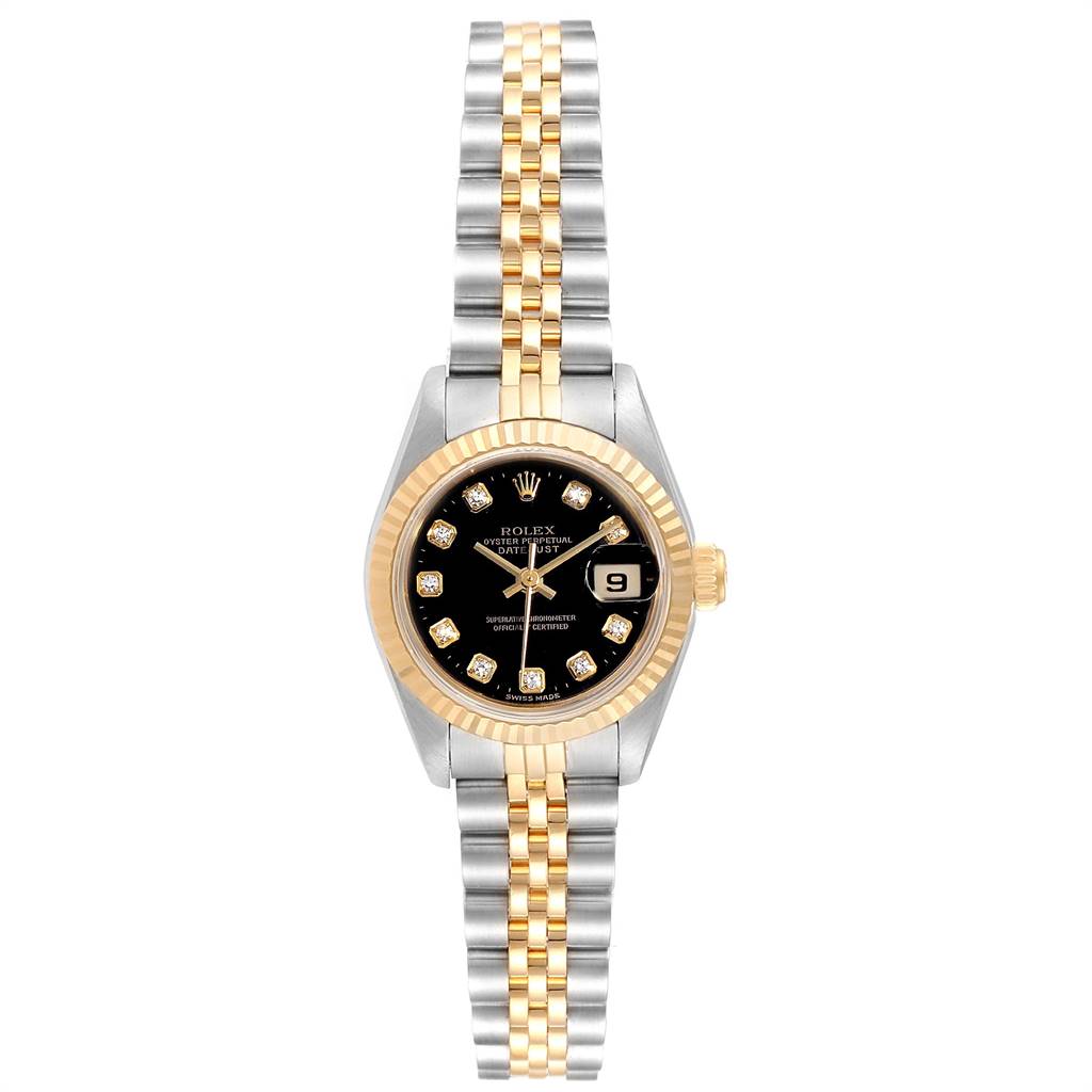 The image shows a Rolex Datejust 69173 Women's Stainless Steel Black Dial 69173 Women's Stainless Steel Black Dial watch with a black dial, diamond hour markers, and a two-tone gold and silver bracelet from a top-down angle.
