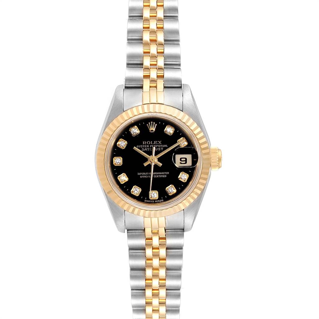 The image shows a front view of a Rolex Datejust 69173 Women's Stainless Steel Black Dial 69173 Women's Stainless Steel Black Dial watch, displaying the black dial, gold bezel, and two-tone bracelet.