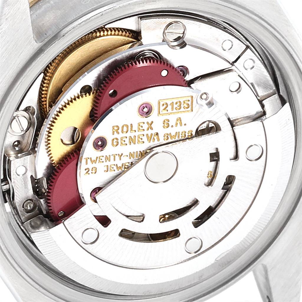 Close-up view of the movement and internal mechanism of a Rolex Datejust 69173 Women's Stainless Steel Black Dial 69173 Women's Stainless Steel Black Dial watch.