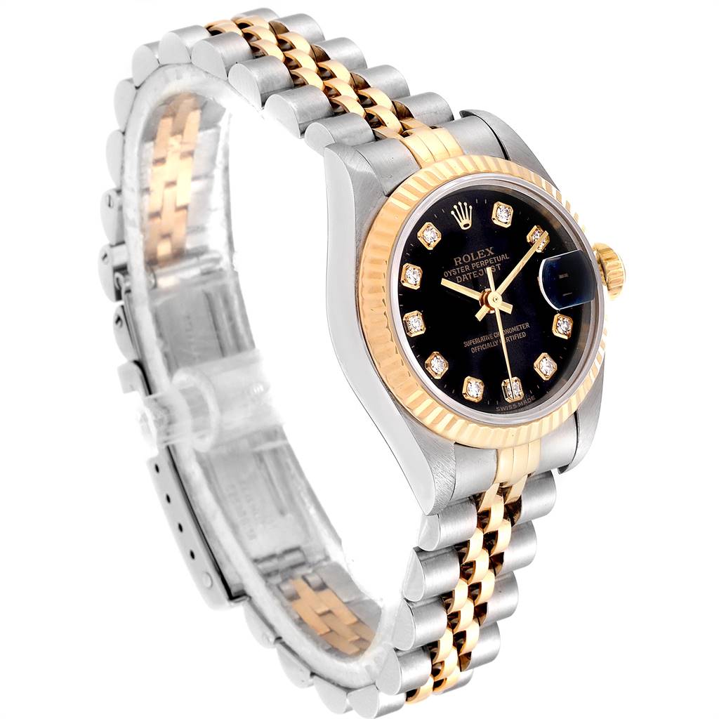 This image shows the Rolex Datejust 69173 Women's Stainless Steel Black Dial 69173 Women's Stainless Steel Black Dial watch at an angled side view, highlighting its two-tone bracelet and black dial.