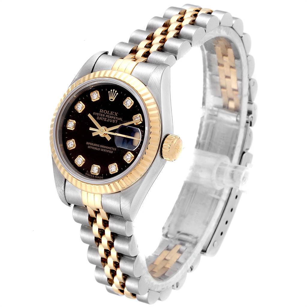 The Rolex Datejust 69173 Women's Stainless Steel Black Dial 69173 Women's Stainless Steel Black Dial watch is shown at a three-quarter angle, highlighting the case, bezel, dial, and Jubilee bracelet.