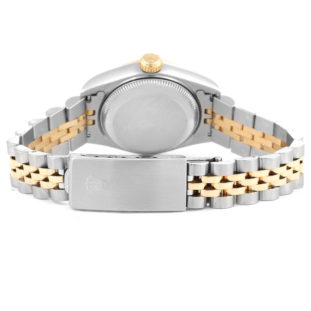 The image shows the back view of a Rolex Datejust 69173 Women's Stainless Steel Black Dial 69173 Women's Stainless Steel Black Dial, highlighting its case back, jubilee bracelet, and clasp.