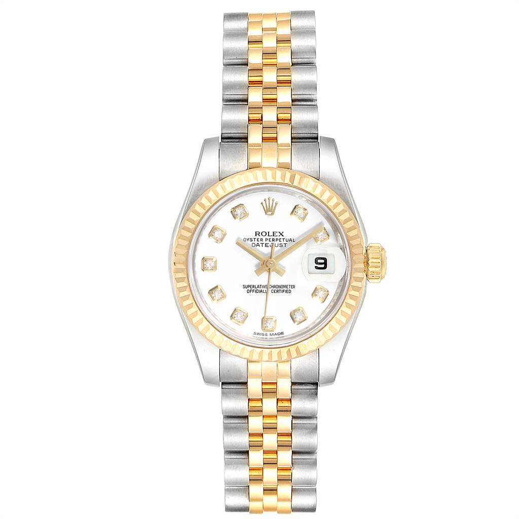 The image shows a Rolex Datejust 179173 Women's Steel and Gold (two tone) White Dial 179173 Women's Steel and Gold (two tone) White Dial watch from a frontal angle, displaying its face, bezel, and two-tone bracelet.