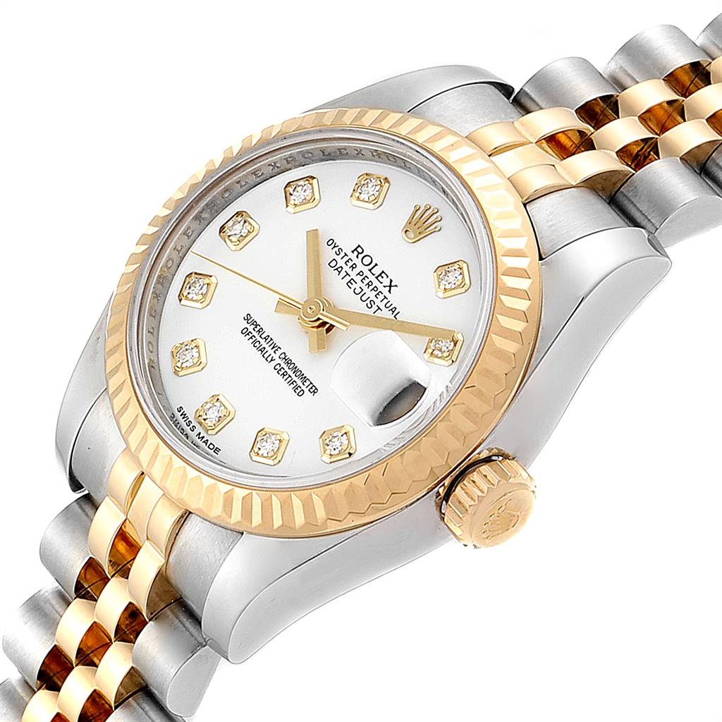 The Rolex Datejust 179173 Women's Steel and Gold (two tone) White Dial 179173 Women's Steel and Gold (two tone) White Dial watch is shown at a slight angle, featuring its two-tone bracelet, crown, and diamond-accented dial.