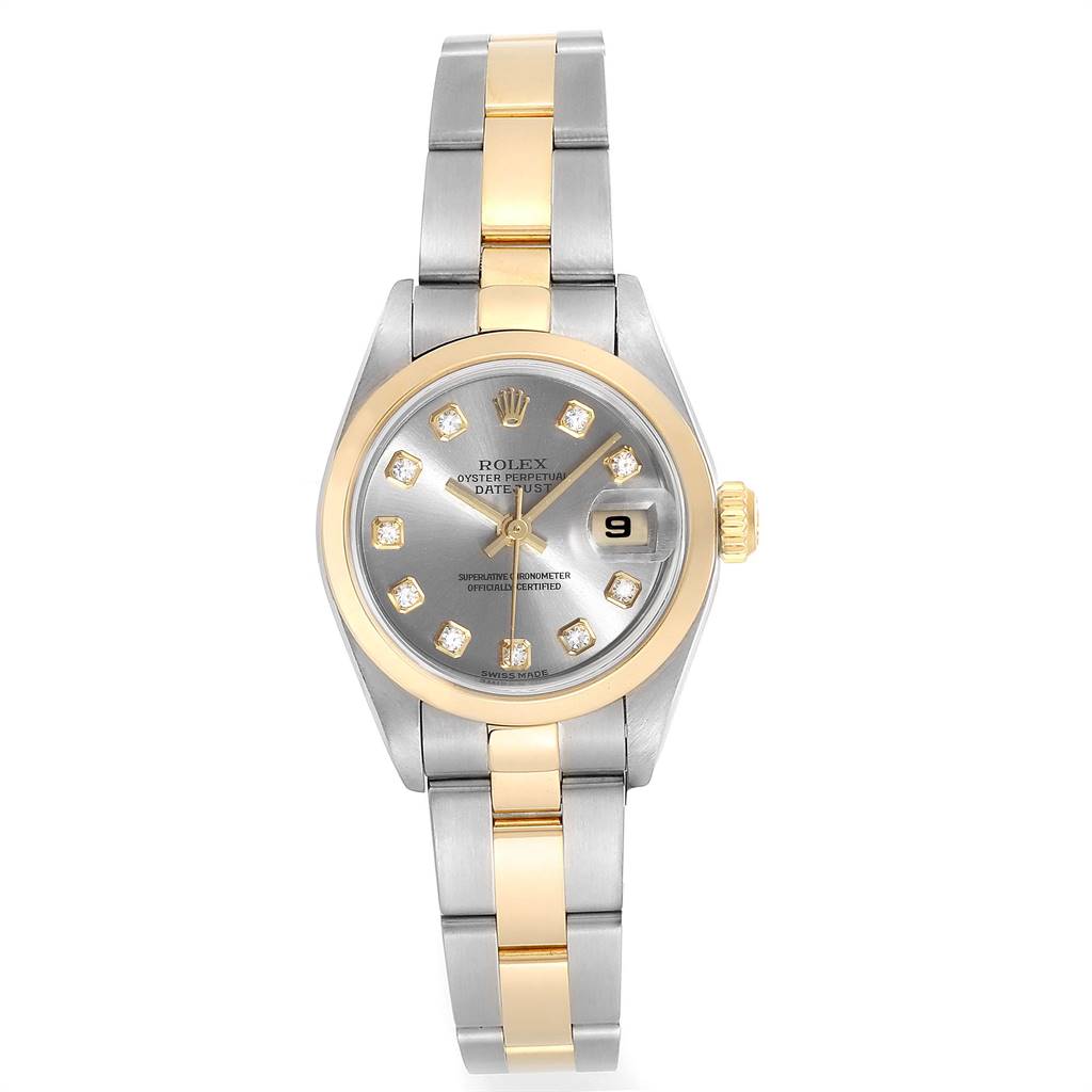 This image shows the Rolex Datejust 79163 Women's Steel and Gold (two tone) Grey Dial 79163 Women's Steel and Gold (two tone) Grey Dial watch from a top-down angle, highlighting its dial, bracelet, and crown.