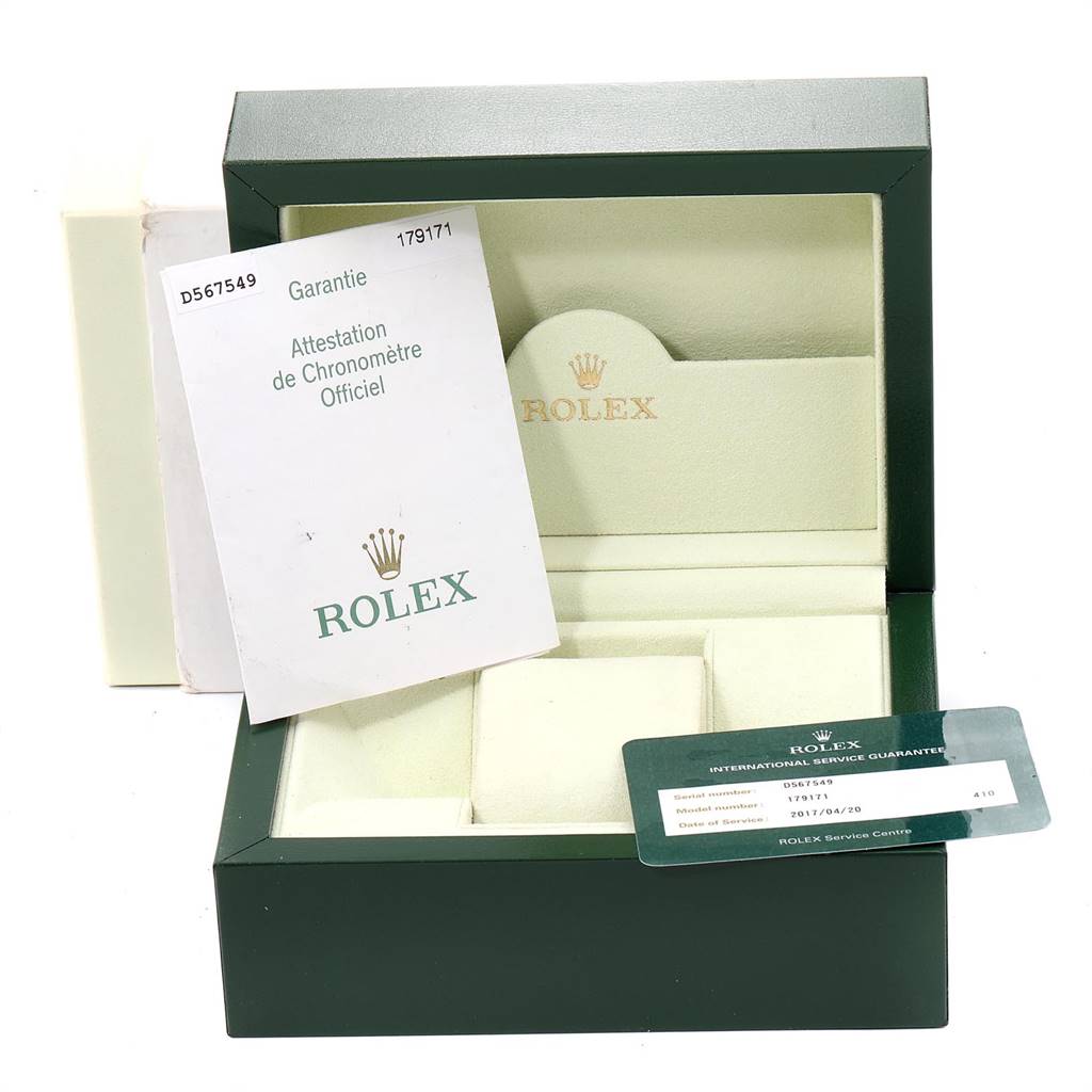 The image shows an open Rolex Datejust 179171 Women's Steel and Gold (two tone) Pink Dial 179171 Women's Steel and Gold (two tone) Pink Dial watch box along with warranty cards and paperwork.