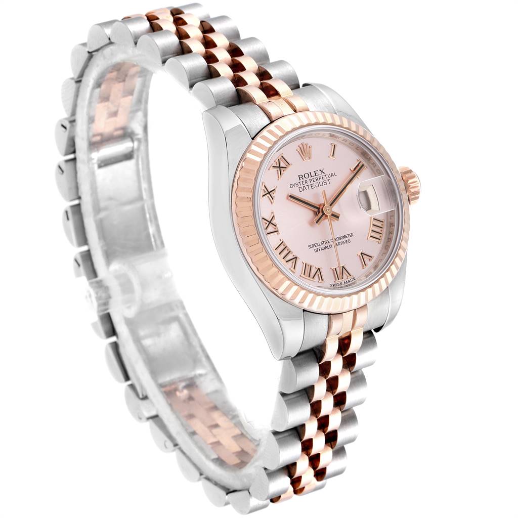 The image shows a side angle of a Rolex Datejust 179171 Women's Steel and Gold (two tone) Pink Dial 179171 Women's Steel and Gold (two tone) Pink Dial watch, highlighting the dial, bezel, and Jubilee bracelet.