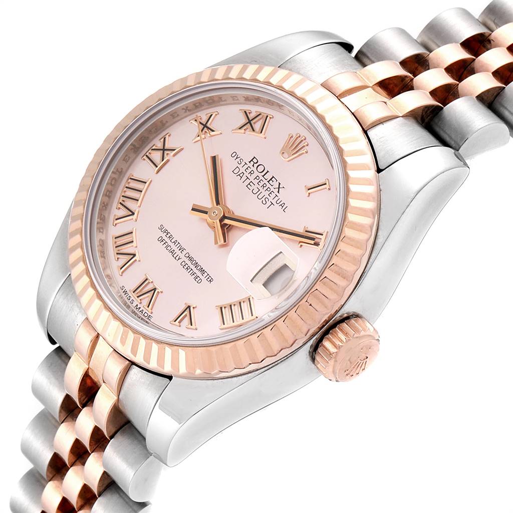 The image shows a Rolex Datejust 179171 Women's Steel and Gold (two tone) Pink Dial 179171 Women's Steel and Gold (two tone) Pink Dial watch at an angled top view, highlighting the dial, bezel, crown, and part of the bracelet.