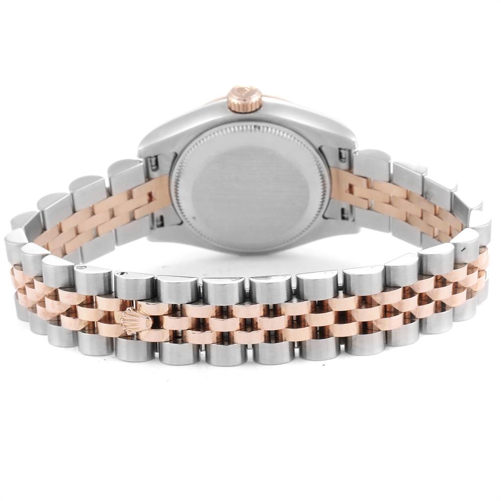 The image shows the back view of a Rolex Datejust 179171 Women's Steel and Gold (two tone) Pink Dial 179171 Women's Steel and Gold (two tone) Pink Dial watch, highlighting its two-tone bracelet and case back.