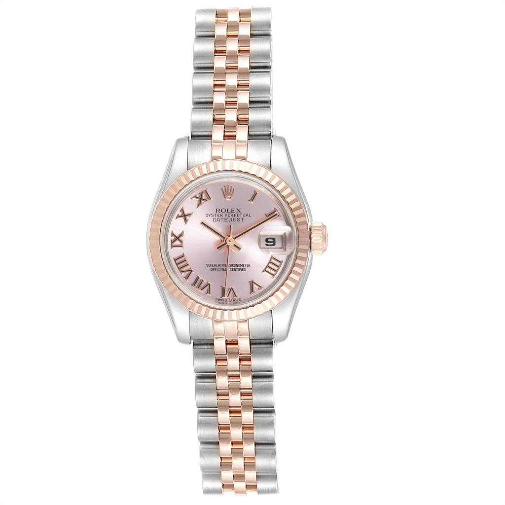 This image shows a front view of a Rolex Datejust 179171 Women's Steel and Gold (two tone) Pink Dial 179171 Women's Steel and Gold (two tone) Pink Dial watch, highlighting its dial, bezel, and two-tone bracelet.