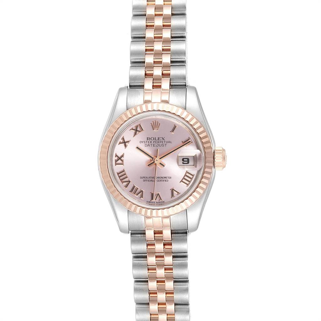 The image shows a Rolex Datejust 179171 Women's Steel and Gold (two tone) Pink Dial 179171 Women's Steel and Gold (two tone) Pink Dial model from a top-down angle, highlighting the dial, bezel, crown, and bracelet.