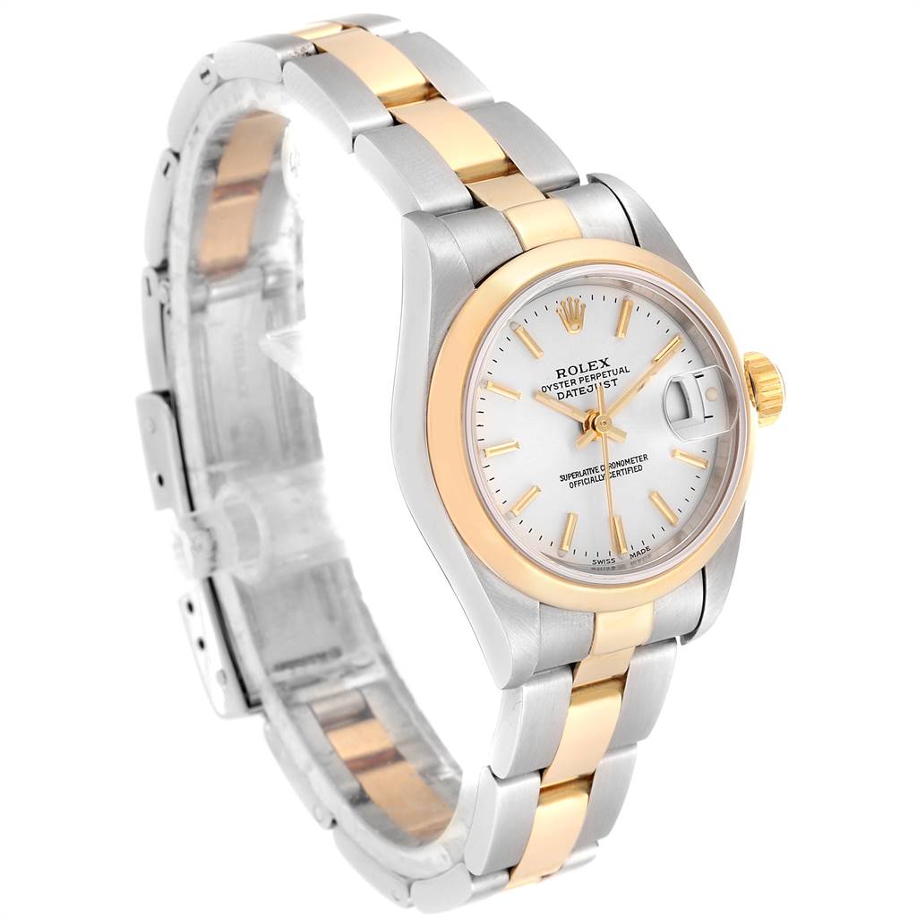The image shows a Rolex Datejust 79163 Women's Steel and Gold (two tone) Silver Dial 79163 Women's Steel and Gold (two tone) Silver Dial watch at a three-quarter angle, featuring the dial, bezel, and bracelet.