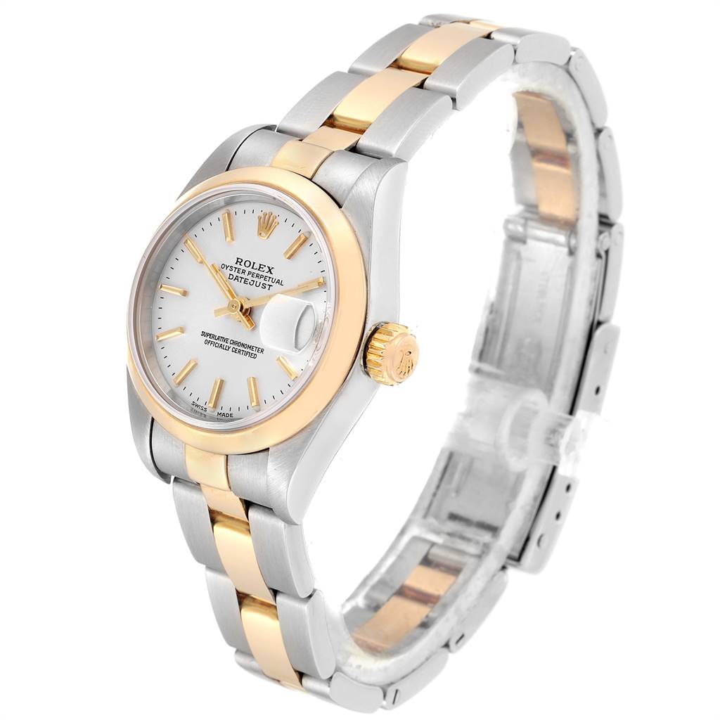 The image shows a Rolex Datejust 79163 Women's Steel and Gold (two tone) Silver Dial 79163 Women's Steel and Gold (two tone) Silver Dial watch at a three-quarter angle, displaying the face, bezel, crown, and bracelet.