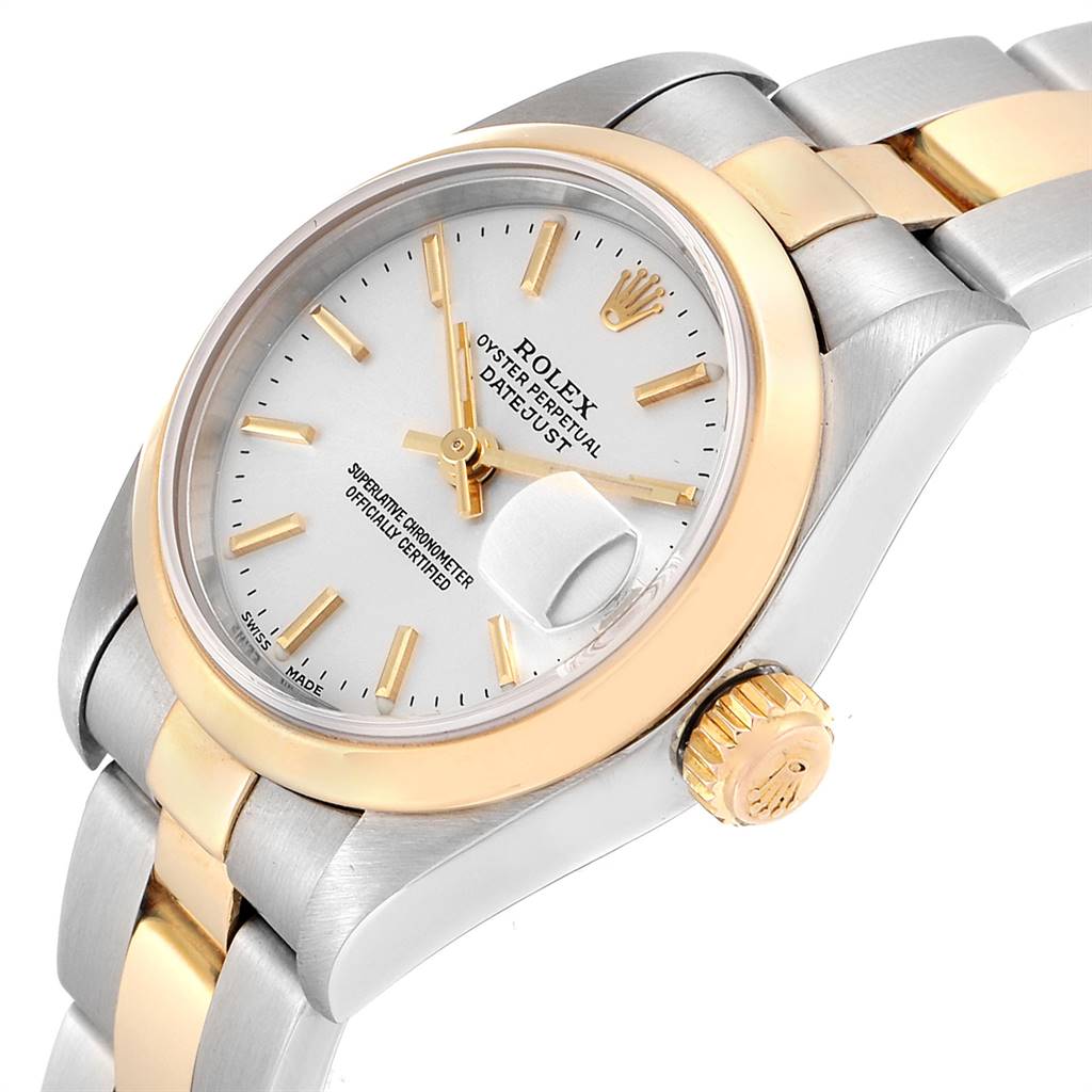 The image shows a Rolex Datejust 79163 Women's Steel and Gold (two tone) Silver Dial 79163 Women's Steel and Gold (two tone) Silver Dial watch at a three-quarter angle, highlighting the dial, bezel, and bracelet.
