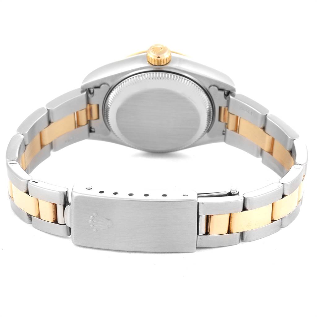 This image shows the back view of a Rolex Datejust 79163 Women's Steel and Gold (two tone) Silver Dial 79163 Women's Steel and Gold (two tone) Silver Dial watch, highlighting the two-tone bracelet and closed clasp.