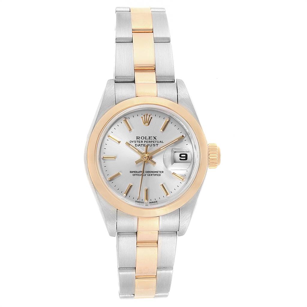 The image shows a Rolex Datejust 79163 Women's Steel and Gold (two tone) Silver Dial 79163 Women's Steel and Gold (two tone) Silver Dial watch from a front angle, highlighting the dial, bezel, and bracelet.