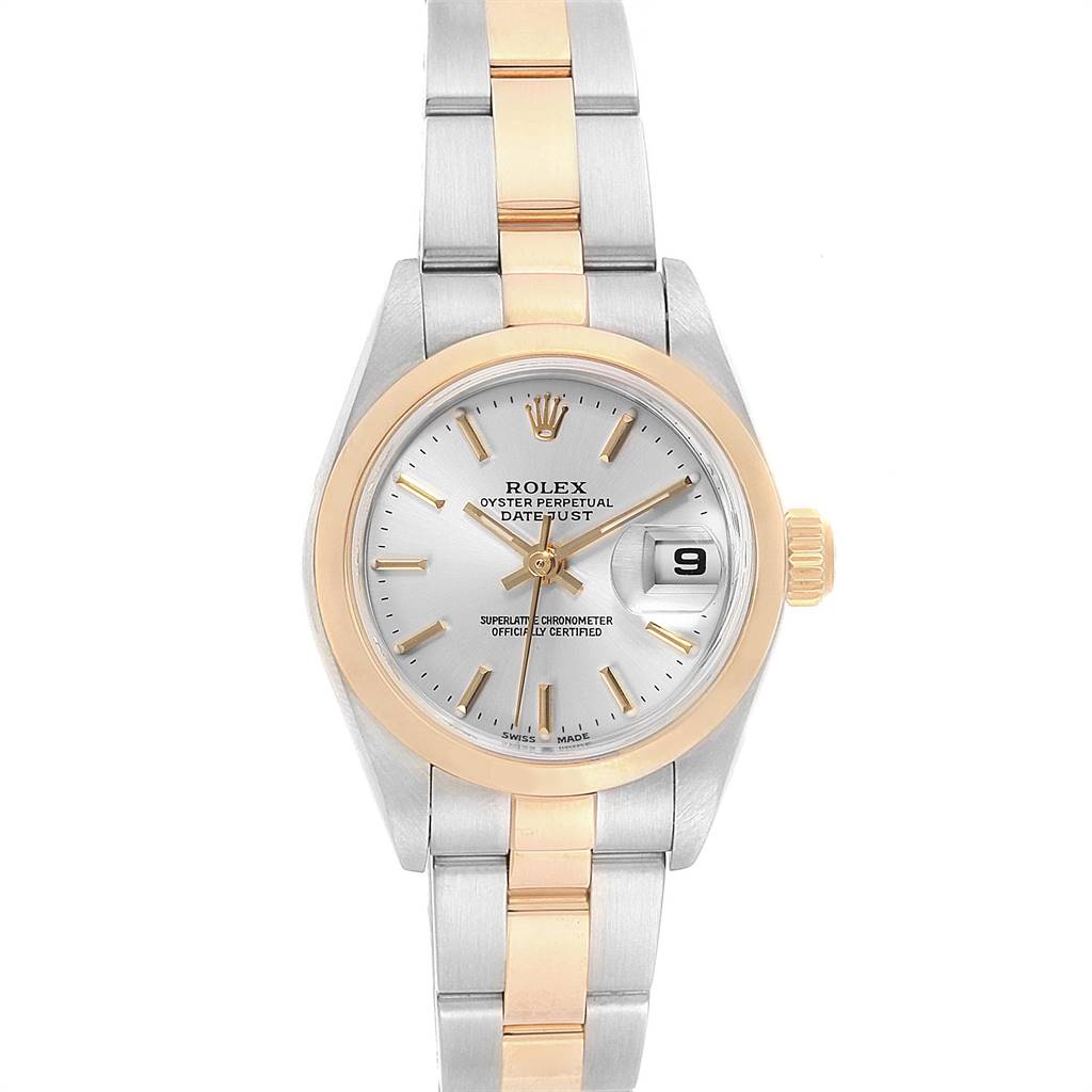 The image shows a front view of a Rolex Datejust 79163 Women's Steel and Gold (two tone) Silver Dial 79163 Women's Steel and Gold (two tone) Silver Dial watch, highlighting its silver and gold two-tone bracelet and date feature.