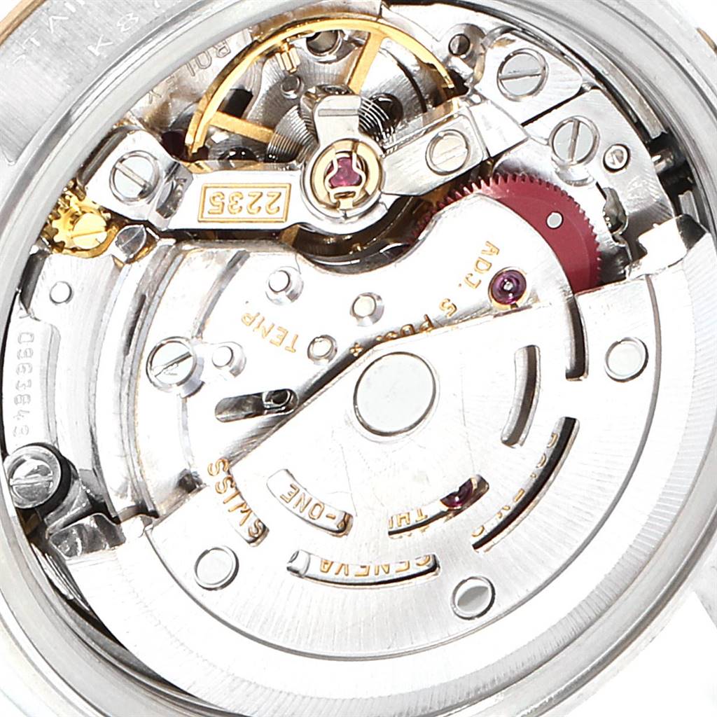 This image shows a close-up view of the movement mechanism inside a Rolex Datejust 79173 Women's Steel and Gold (two tone) White Dial 79173 Women's Steel and Gold (two tone) White Dial watch.