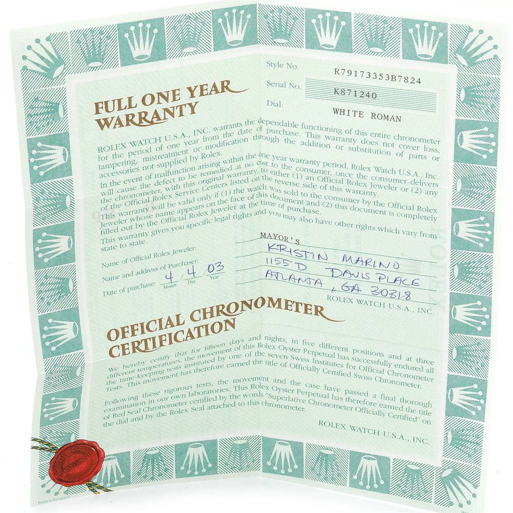 The image shows the warranty and certification papers for a Rolex Datejust 79173 Women's Steel and Gold (two tone) White Dial 79173 Women's Steel and Gold (two tone) White Dial model watch.