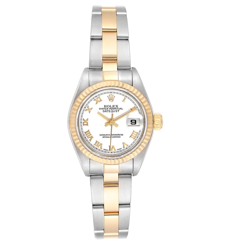 The image shows a front view of a Rolex Datejust 79173 Women's Steel and Gold (two tone) White Dial 79173 Women's Steel and Gold (two tone) White Dial watch, featuring a two-tone bracelet, fluted bezel, and white dial with Roman numerals.
