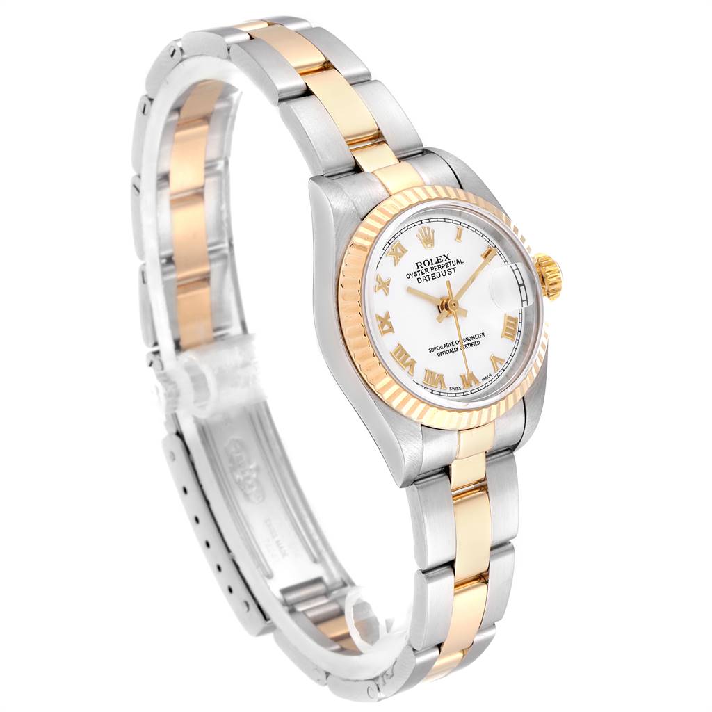 The image shows a side view of the Rolex Datejust 79173 Women's Steel and Gold (two tone) White Dial 79173 Women's Steel and Gold (two tone) White Dial watch, highlighting its two-tone bracelet, fluted bezel, and white dial.