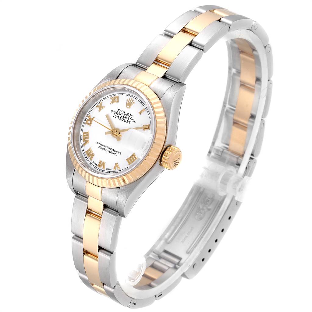 The Rolex Datejust 79173 Women's Steel and Gold (two tone) White Dial 79173 Women's Steel and Gold (two tone) White Dial watch is shown at a three-quarter angle, highlighting its dial, bezel, crown, and bracelet.