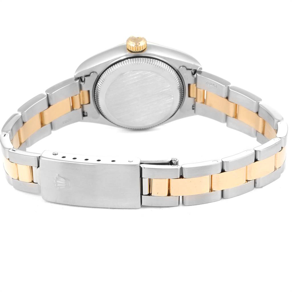 The image shows the back view of the Rolex Datejust 79173 Women's Steel and Gold (two tone) White Dial 79173 Women's Steel and Gold (two tone) White Dial model, highlighting the case back, crown, and the two-tone bracelet with the clasp.