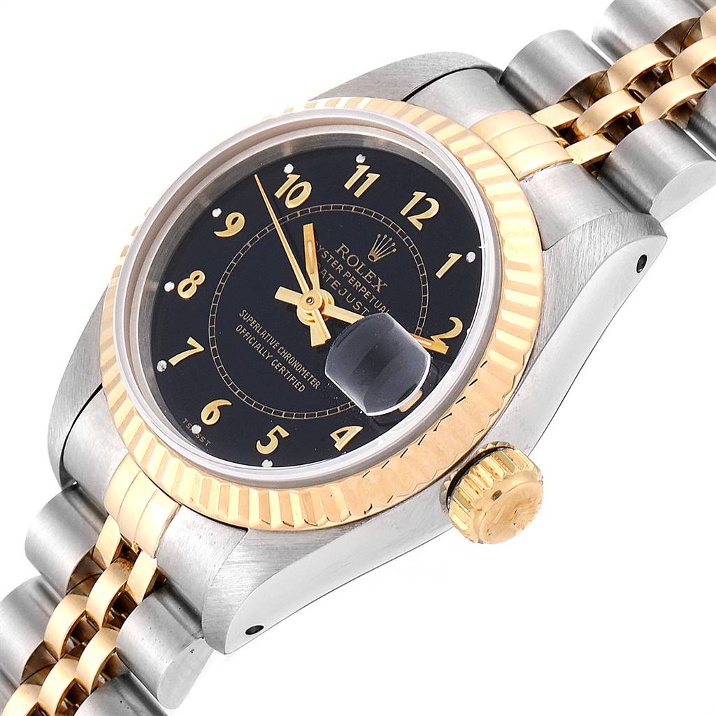 This image shows a Rolex Datejust 69173 Women's Stainless Steel Black Dial 69173 Women's Stainless Steel Black Dial watch at a slight angle, highlighting its dial, fluted bezel, crown, and two-tone bracelet.