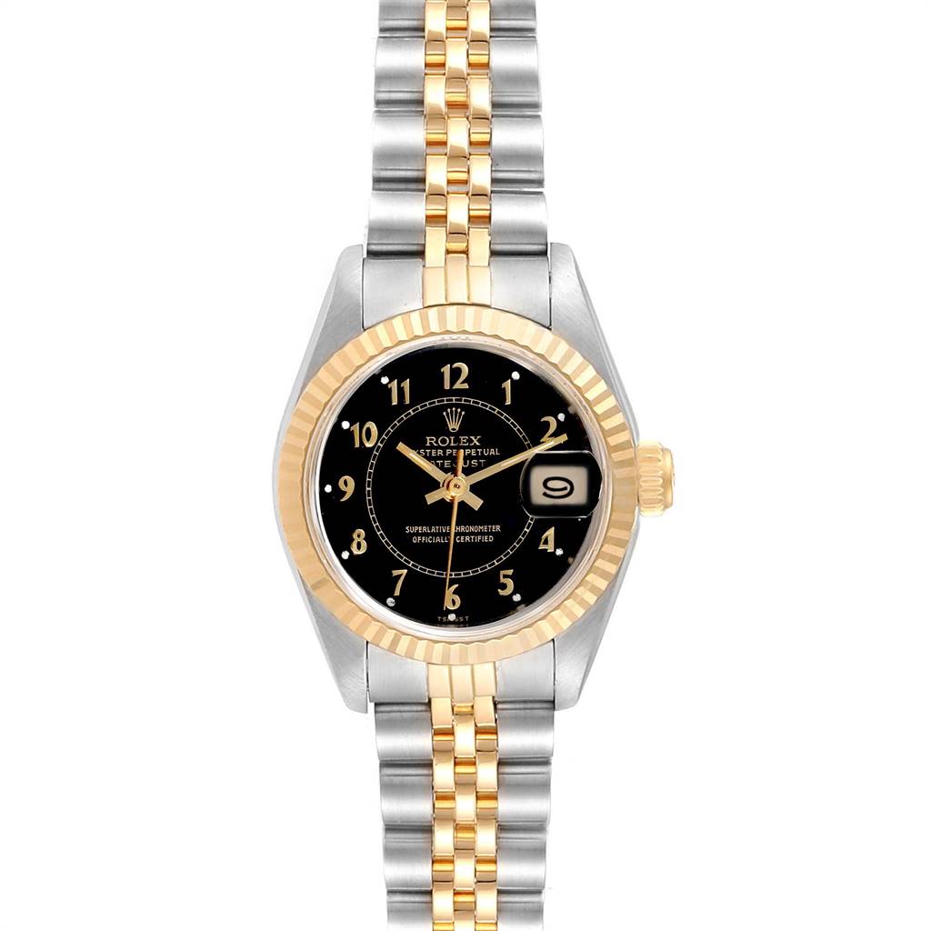 This image shows a Rolex Datejust 69173 Women's Stainless Steel Black Dial 69173 Women's Stainless Steel Black Dial watch from a front angle, displaying the face, bezel, and two-tone metal bracelet.