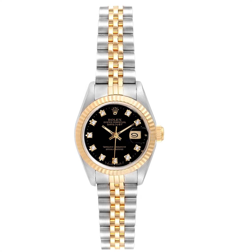 This image shows the front view of a Rolex Datejust 69173 Women's Stainless Steel Black Dial 69173 Women's Stainless Steel Black Dial watch, featuring a black dial, gold bezel, and two-tone metal bracelet.