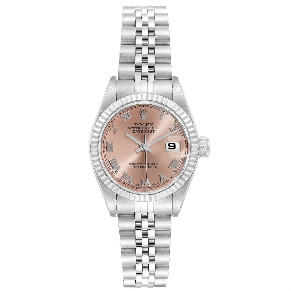 This Rolex Datejust 79174 Women's Stainless Steel Pink Dial 79174 Women's Stainless Steel Pink Dial watch is shown from a front angle, highlighting the dial, bezel, case, and bracelet.
